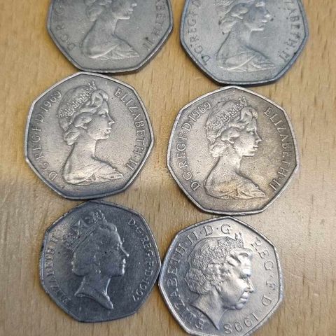 Lot med 6 stk 50 pence/new pence England 1964-1998