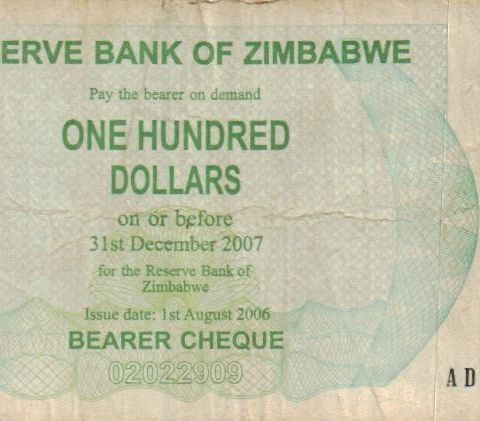 En brukt 100 Dollars seddel fra Zimbabwe - 1065