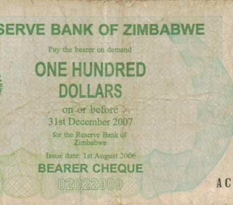 En brukt 100 Dollars seddel fra Zimbabwe - 1063