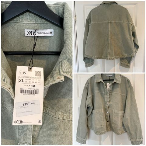 Zara denim jakke i en lys støvet grønn farge. Oversize