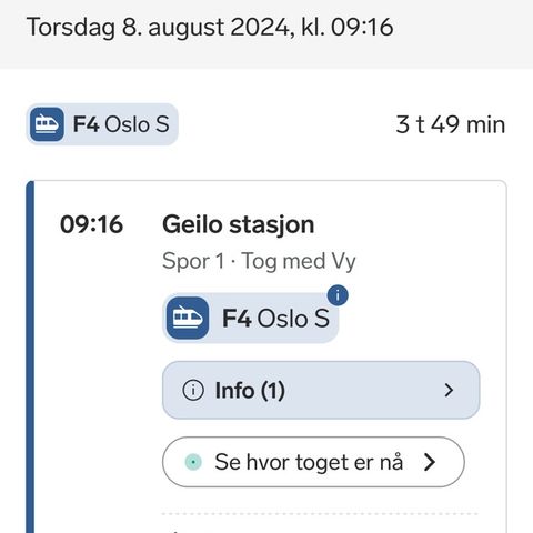 Togbillett Geilo-Oslo 07.08.2024