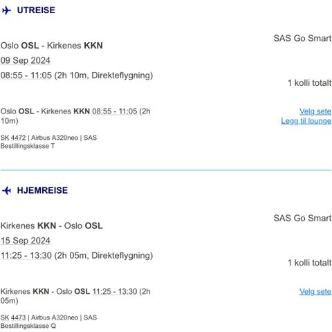 SAS Flybilletter Oslo - Kirkenes 9/9-15/9