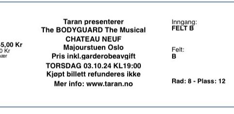 2 billetter til The Bodyguard - Chateu Neuf torsdag 3. oktober kl 19.00