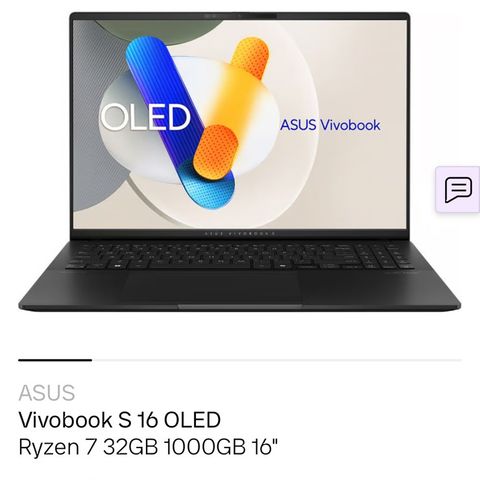 HELT NY!Asus Vivobook S 16 OLED 4K skjerm Ryzen 7 32GB 1000GB