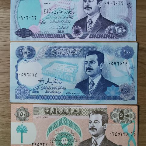 Irak 50, 100 og 250 dinar, 1991-1995, UNC