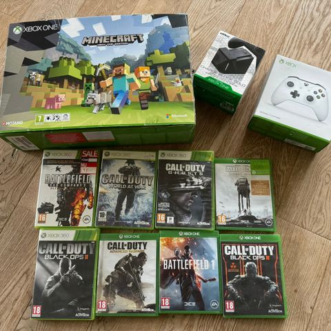 Xbox one + ekstra kontroller, lader og spill