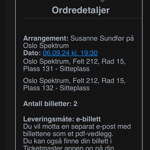 2 sitteplasser Susanne Sundfør Oslo spektrum 6.9.