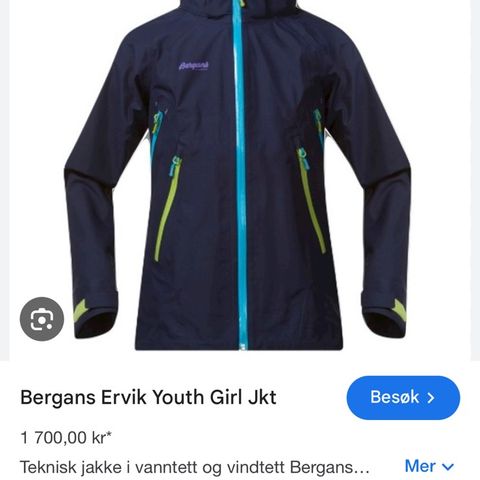 Bergans Ervik teknisk vind-og vanntett skalljakke strl 164- pent brukt