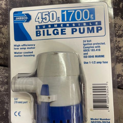 Lensepumpe Jabsco 24 volt 1700 liter i timen 19mm slangekobling