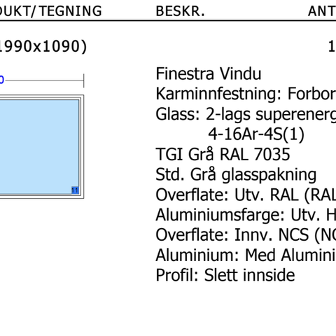 Vindu fastkarm 1990 x 1090 sort/grå ute/hvit inne