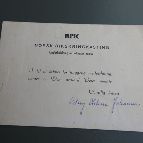 NRK Underholdnings avd. Radio, gevinstkort,