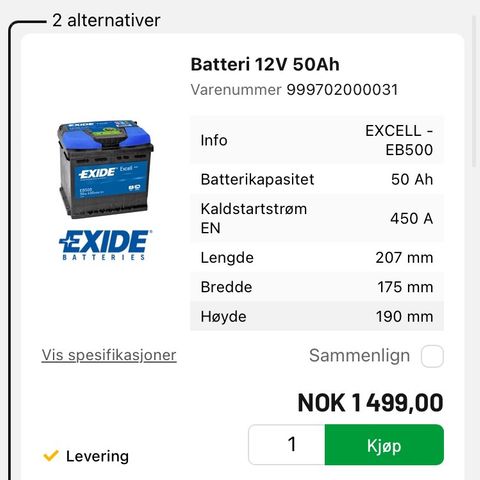 Exide bil Batteri 12V 50Ah nytt i mai 2024