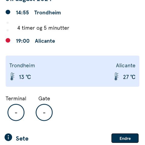 Flybilletter Trondheim - Alicante tur/retur.