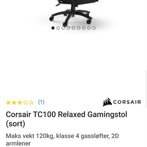 Corsair TC100 Relaxed Gaming stol selges. Ny i eske.