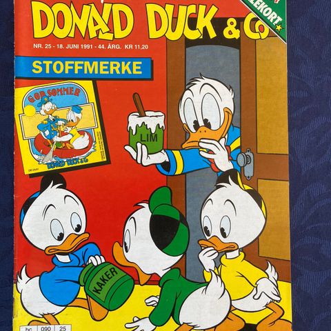 Donald Duck nr. 25 fra 1991 med 4 samlekort og stoff-merke