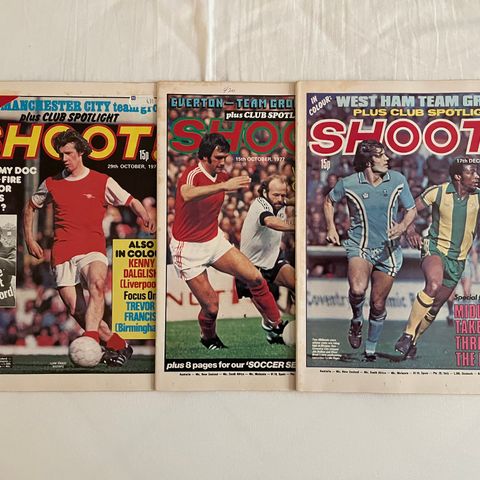 3 stk SHOOT! fra 1977  Everton West Ham Manchester City