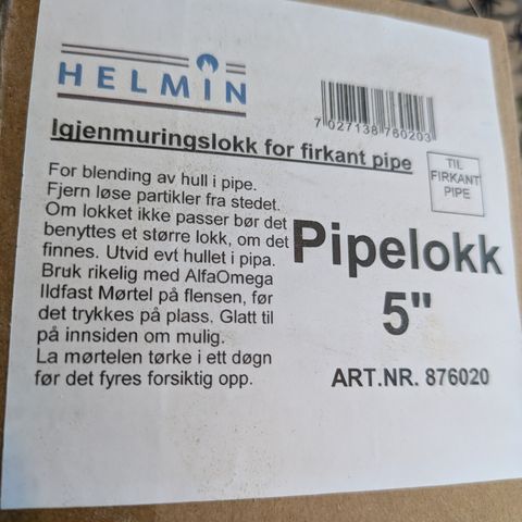 Igjennmuringslokk for firkantpipe. 5 tommer