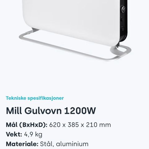 Helt ny gulvovn Mill 1200w med WiFi og Bluetooth styring