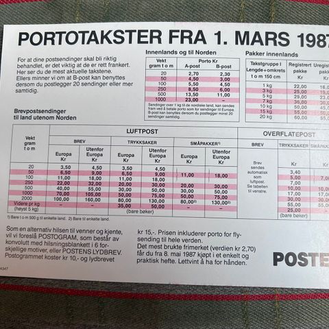 Portotakster fra 1 mars 1987