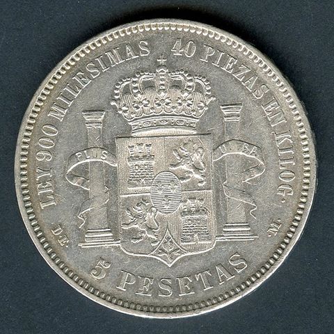 Spania 5 Pesetas 1875 i god 1+/01 kvalitet