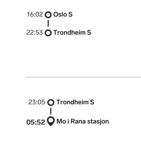 Billett Oslo S-Mo i Rana 16.08 kl 16:02 - 19. 08 kl 15:43 samlet/separat