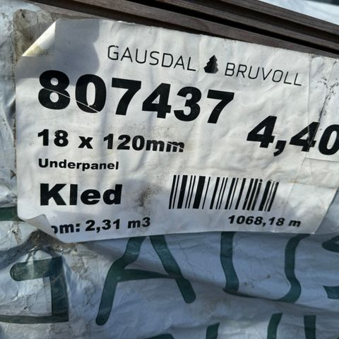 Rupanel 18x120 1068 meter selges samlet 7000kr (6,55kr pr meter.)