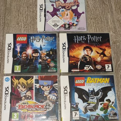 5 Nintendo DS spill samlet CIB Lego Harry Potter Batman Beyblade Metal Fusion