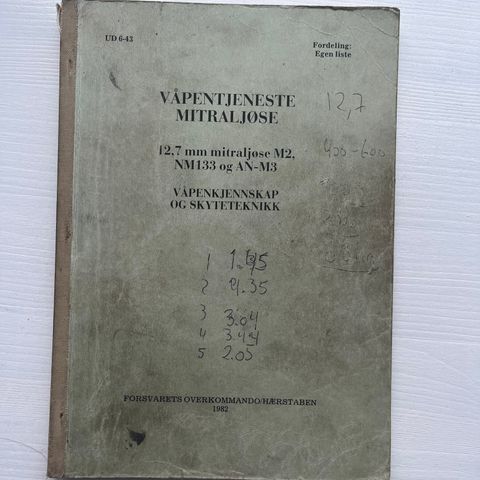 Forsvarets reglement Våpentjeneste Mitraljøse 12,7 mm UD 6-43 fra 1982