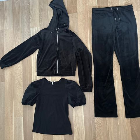 Sort joggedress fra Gina tricot str. 158/164 og sort topp fra H&M str. XS