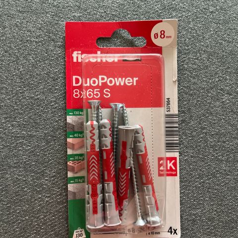 Fischer DuoPower 8 x 65 S med skruer. 8 mm.