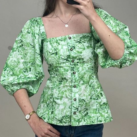 GANNI bluse bja 1944 topp green island print puff ermer