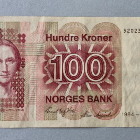 Seddel: 100 kr 1984-VI Camilla Collett