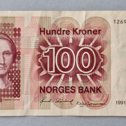 Seddel: 100 kr 1991-VI Camilla Collett