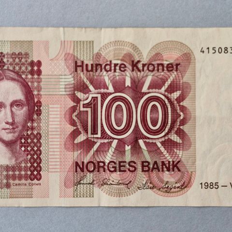 Seddel: 100 kr 1985-VI Camilla Collett