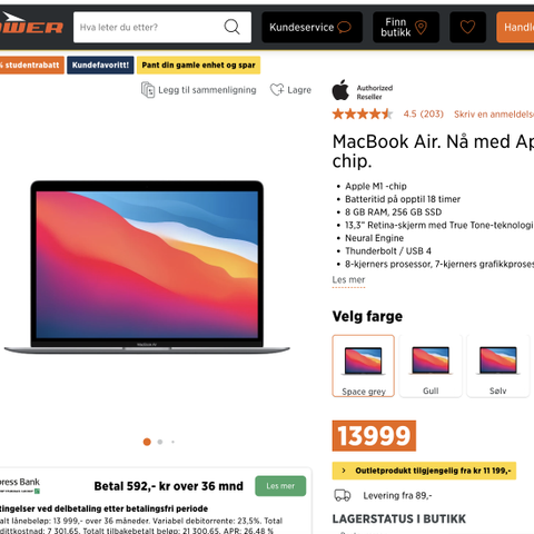 MacBook Air 13 (2020) 256GB stellargrå med ekstrautstyr og 3 års forsikring