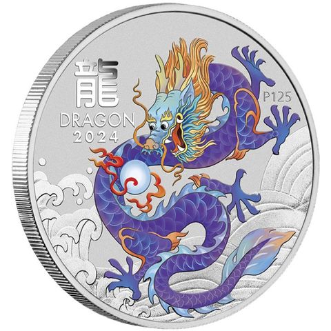 2024 Australia 1 oz Sølv Lunar S3 Year of the Dragon Farget Lilla