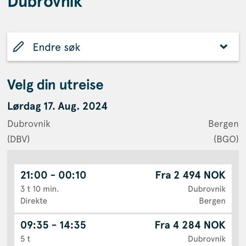 Flybill Dubrovnik Bergen  17 august  Førstemann til mølla