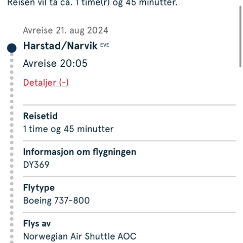 Flybillett fra Harstad/Narvik Evenes til Oslo Gardemoen 21.08