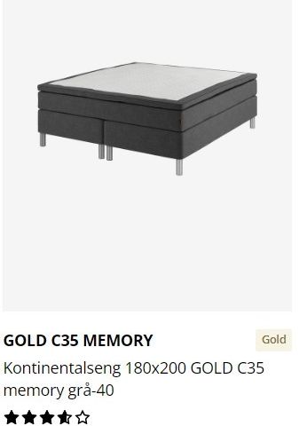 Kontinentalseng 180x200 GOLD C35 memory grå-40