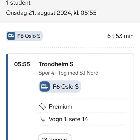 Togbillett Trondheim S—> Oslo S 21.08.2024