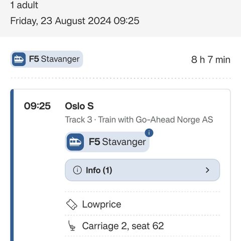 Oslo S - Stavanger | 23. August | Togbillett / Train ticket