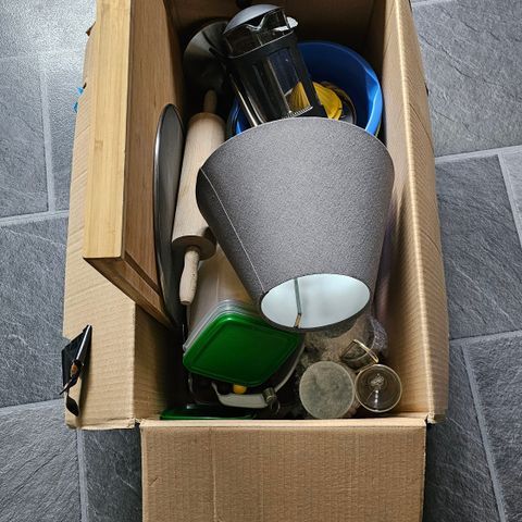 Box of kitchen stuff which we don't need, but maybe you can use themq