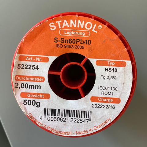 Stannol Legierung loddestål 2mm S-sn60Pb40