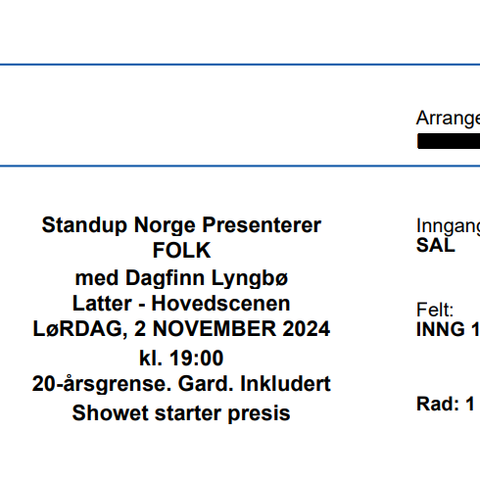 2 billetter til Dagfinn Lyngbø på Latter i Oslo  2. November