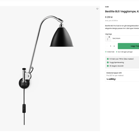 Gubi BL6 Bestlite vegglampe selges rimelig