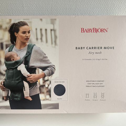 (Reservert) BabyBjorn Air marineblå. Som ny. Vasket og klar til bruk