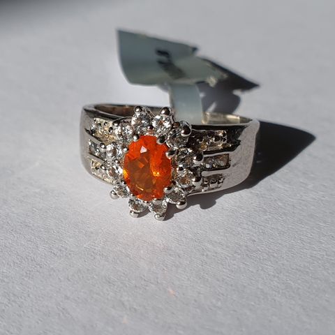 Mexican Fire Opal & White Topaz Silver 925 Sølv Limited Edition Ring Str.57