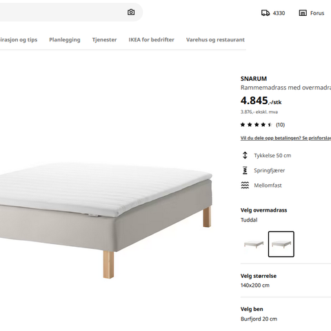 Brukt IKEA Snarum, Tuddal overmadrass.