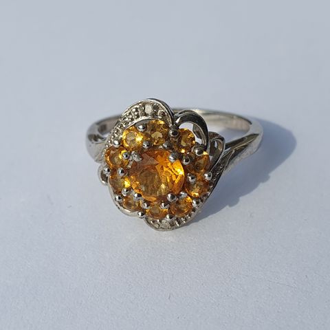 Brazilian Citrine Diamond Diamant Platinum Plated Silver 925 Sølv Ring Str.55.5