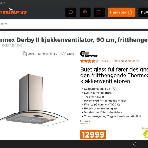 Thermex frittstående ventilator 90 cm buet glass og stål.